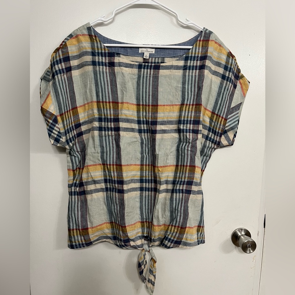 L.L. Bean Signature Plaid Tie-Front Short Sleeve Linen Top, size large